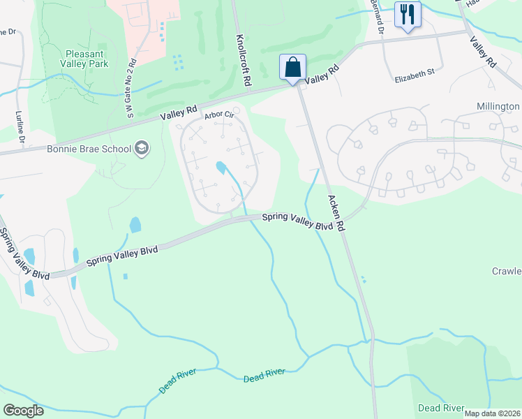 map of restaurants, bars, coffee shops, grocery stores, and more near 3601 Balsam Way in Bernards