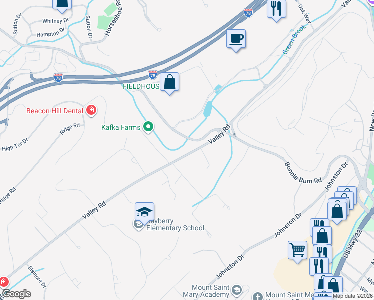 map of restaurants, bars, coffee shops, grocery stores, and more near 905 Valley Road in Watchung