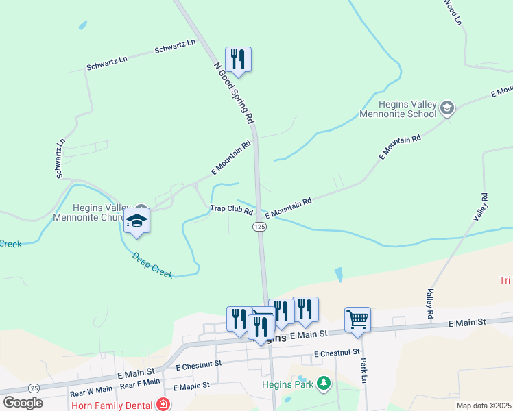 map of restaurants, bars, coffee shops, grocery stores, and more near 111 North Good Spring Road in Hegins