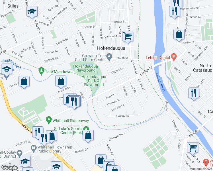 map of restaurants, bars, coffee shops, grocery stores, and more near 3138 Terrace Circle in Hokendauqua