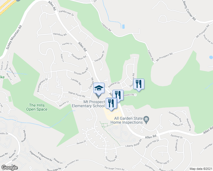 map of restaurants, bars, coffee shops, grocery stores, and more near 2 Hadley Court in Basking Ridge