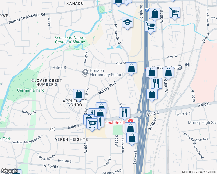 map of restaurants, bars, coffee shops, grocery stores, and more near 546 Murray Boulevard in Murray