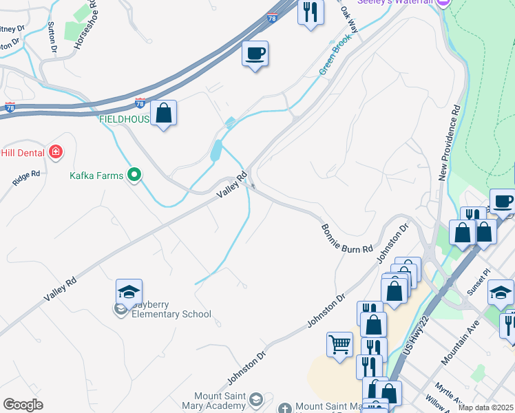 map of restaurants, bars, coffee shops, grocery stores, and more near 365 Bonnie Burn Road in Watchung