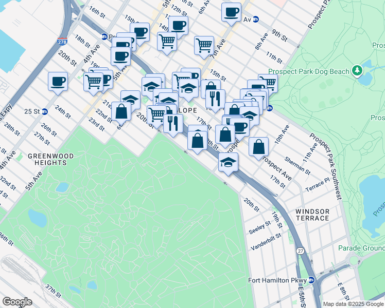 map of restaurants, bars, coffee shops, grocery stores, and more near 1923 8th Avenue in Brooklyn