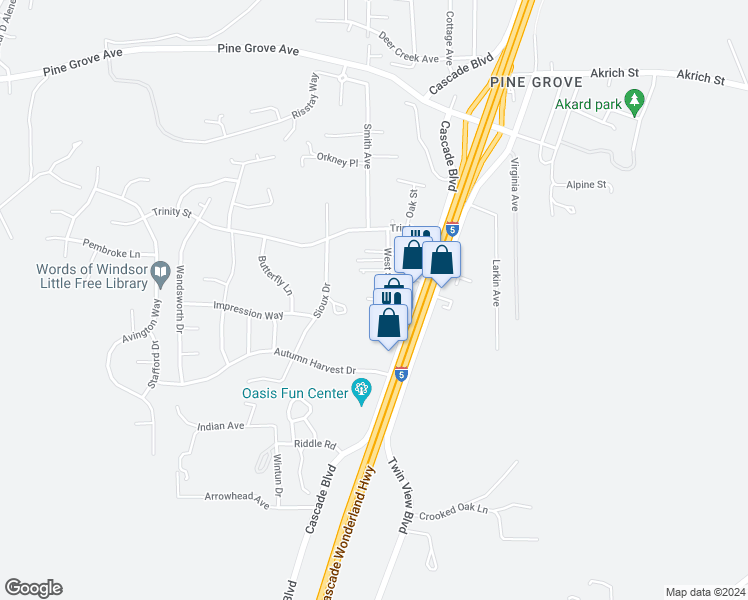 map of restaurants, bars, coffee shops, grocery stores, and more near 3164 West Street in Shasta Lake