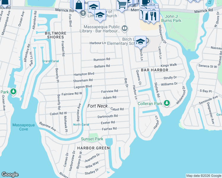 map of restaurants, bars, coffee shops, grocery stores, and more near 130 Fairview Road in Massapequa