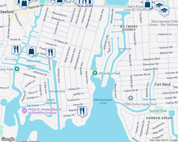 map of restaurants, bars, coffee shops, grocery stores, and more near 1A Lafayette Place in Massapequa