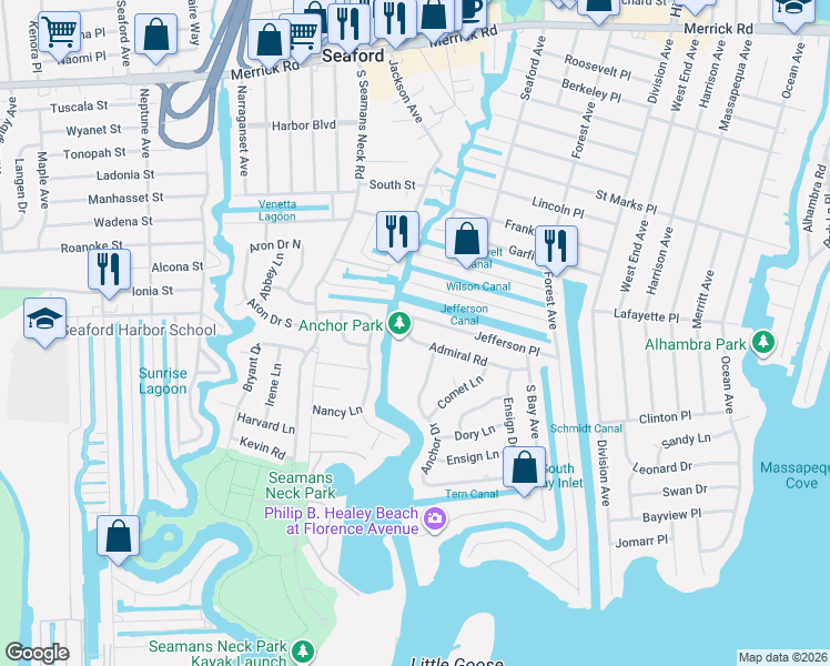 map of restaurants, bars, coffee shops, grocery stores, and more near 3953 Darby Lane in Seaford