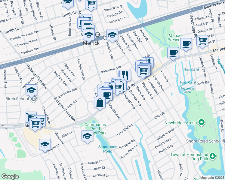 map of restaurants, bars, coffee shops, grocery stores, and more near 2059 Merrick Road in Merrick