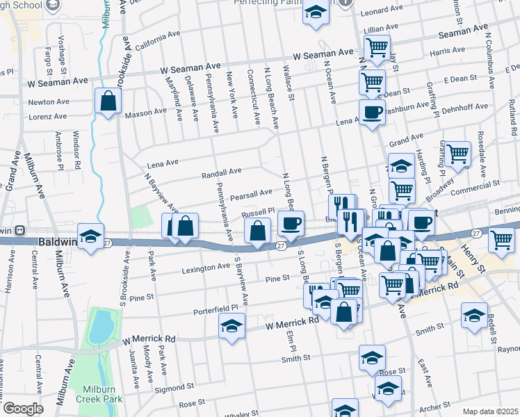 map of restaurants, bars, coffee shops, grocery stores, and more near 45 Russell Place in Freeport