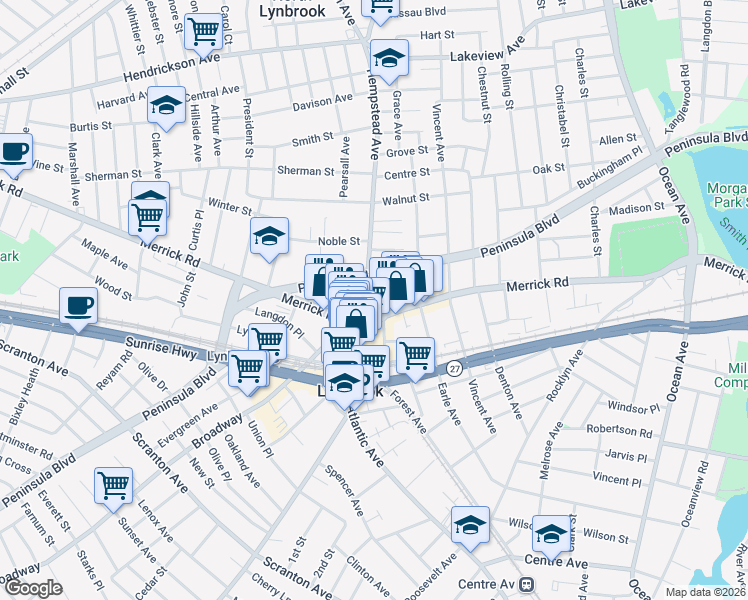 map of restaurants, bars, coffee shops, grocery stores, and more near 303 Merrick Road in Lynbrook
