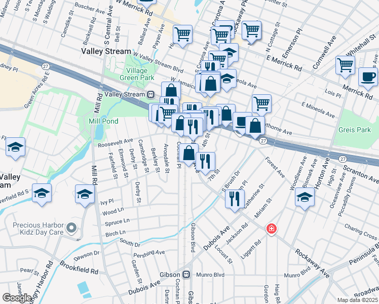 map of restaurants, bars, coffee shops, grocery stores, and more near 501 Rockaway Avenue in Valley Stream