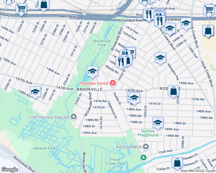 map of restaurants, bars, coffee shops, grocery stores, and more near 240-63 147th Avenue in Queens