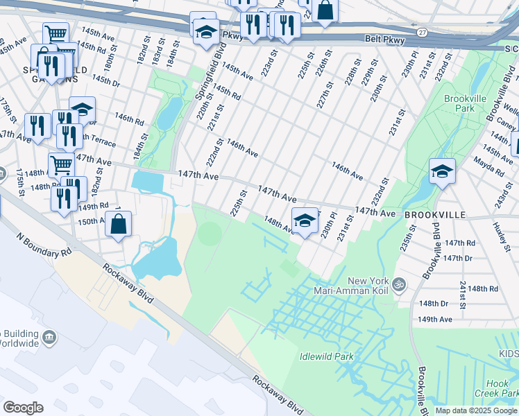 map of restaurants, bars, coffee shops, grocery stores, and more near 148-06 226th Street in Queens