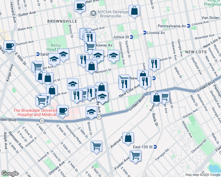 map of restaurants, bars, coffee shops, grocery stores, and more near 187 Hegeman Avenue in Brooklyn