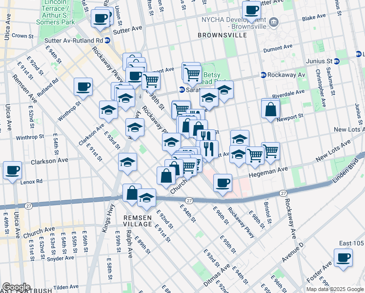 map of restaurants, bars, coffee shops, grocery stores, and more near 445 Rockaway Parkway in Brooklyn