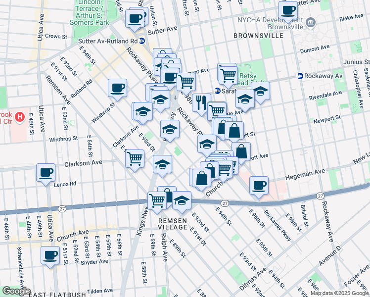 map of restaurants, bars, coffee shops, grocery stores, and more near 399 East 95th Street in Brooklyn