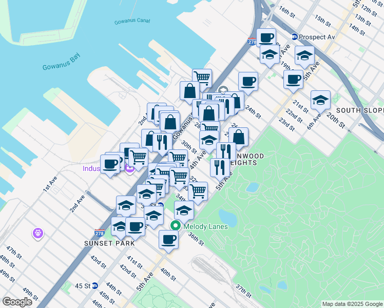 map of restaurants, bars, coffee shops, grocery stores, and more near 833 4th Avenue in Brooklyn