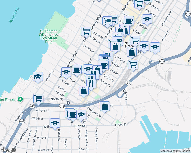 map of restaurants, bars, coffee shops, grocery stores, and more near 309 Broadway in Bayonne
