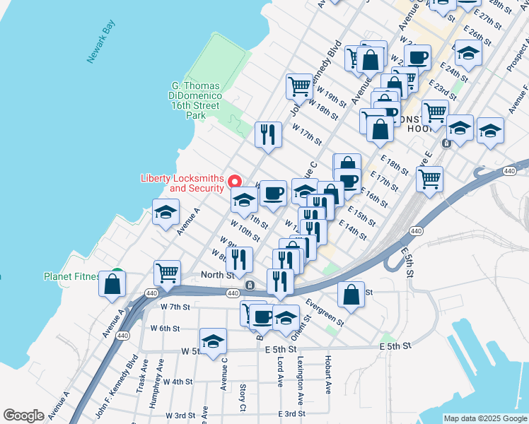 map of restaurants, bars, coffee shops, grocery stores, and more near 77 West 11th Street in Bayonne