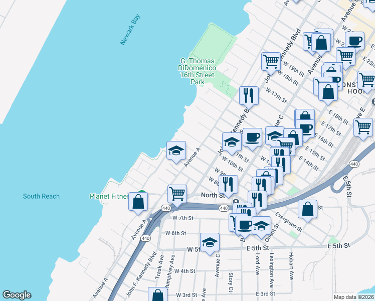 map of restaurants, bars, coffee shops, grocery stores, and more near 153 West 8th Street in Bayonne