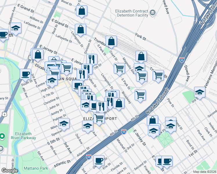 map of restaurants, bars, coffee shops, grocery stores, and more near 111 6th Street in Elizabeth