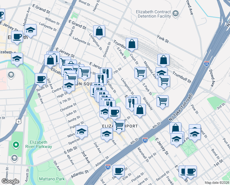 map of restaurants, bars, coffee shops, grocery stores, and more near 601 Fulton Street in Elizabeth