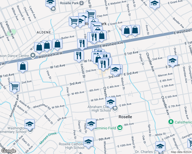 map of restaurants, bars, coffee shops, grocery stores, and more near in Roselle