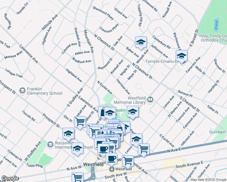 map of restaurants, bars, coffee shops, grocery stores, and more near 206 North Euclid Avenue in Westfield