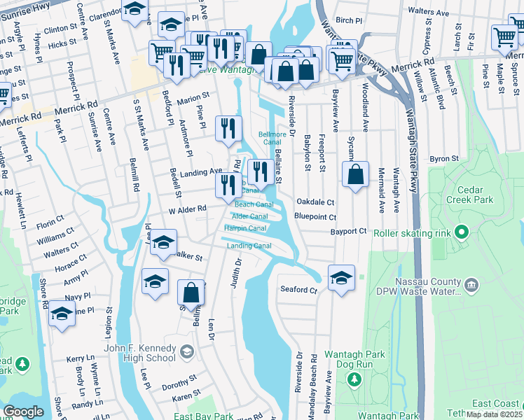 map of restaurants, bars, coffee shops, grocery stores, and more near 2845 East Alder Road in Bellmore