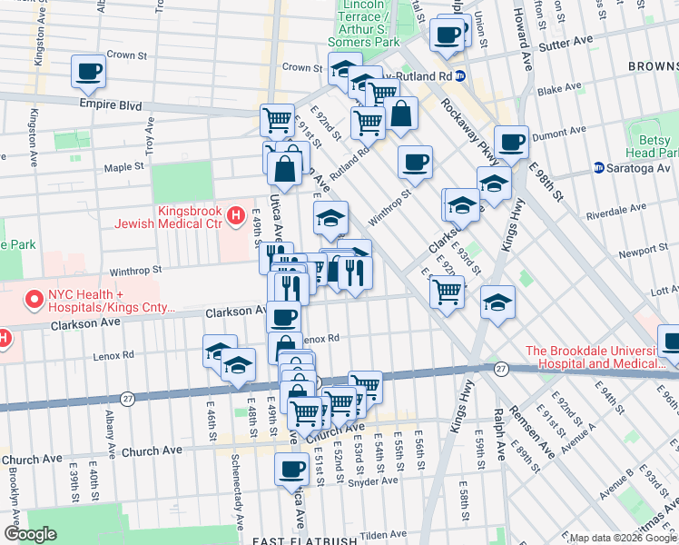 map of restaurants, bars, coffee shops, grocery stores, and more near 151 East 52nd Street in Brooklyn