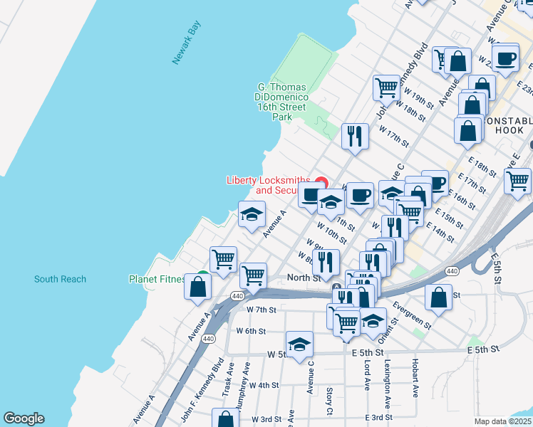 map of restaurants, bars, coffee shops, grocery stores, and more near 153 West 8th Street in Bayonne