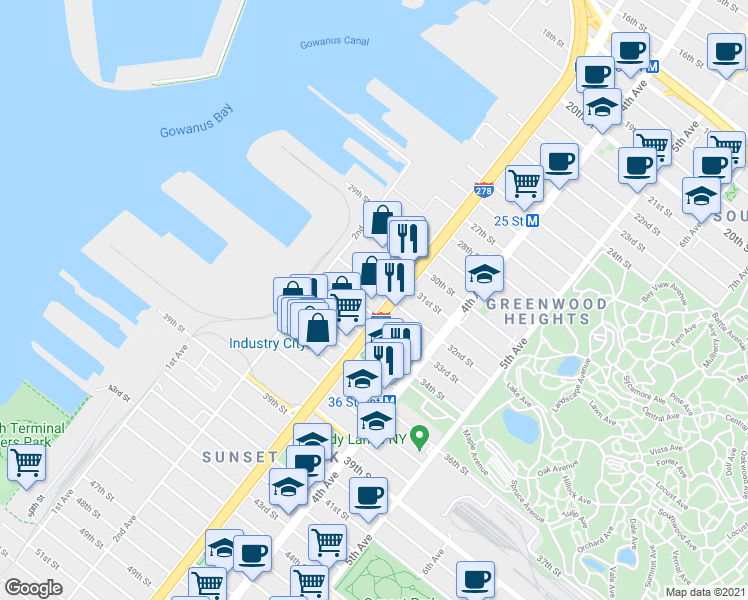 map of restaurants, bars, coffee shops, grocery stores, and more near 882 3rd Avenue in Brooklyn