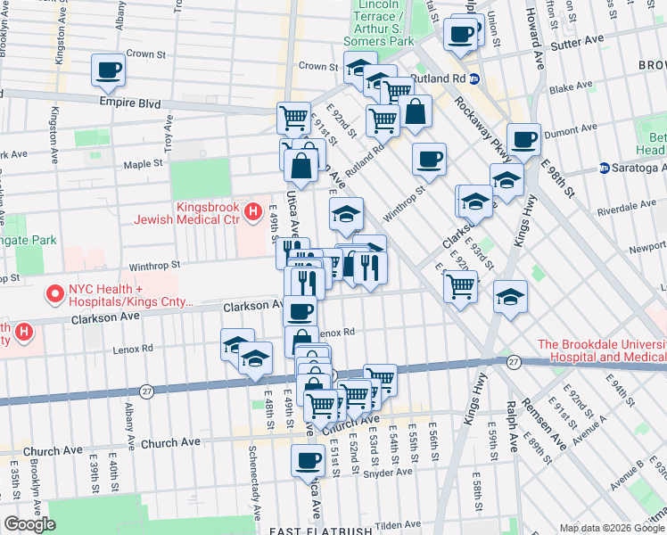 map of restaurants, bars, coffee shops, grocery stores, and more near 151 East 52nd Street in Brooklyn