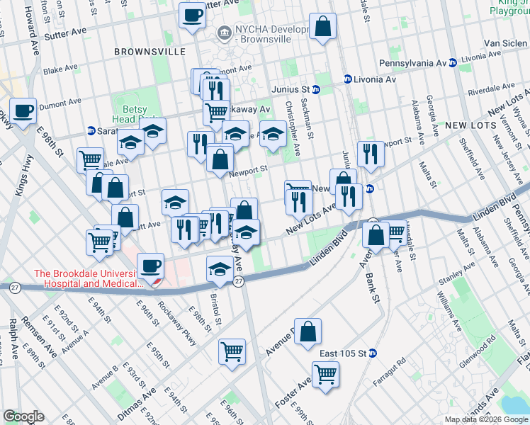 map of restaurants, bars, coffee shops, grocery stores, and more near 187 Hegeman Avenue in Brooklyn