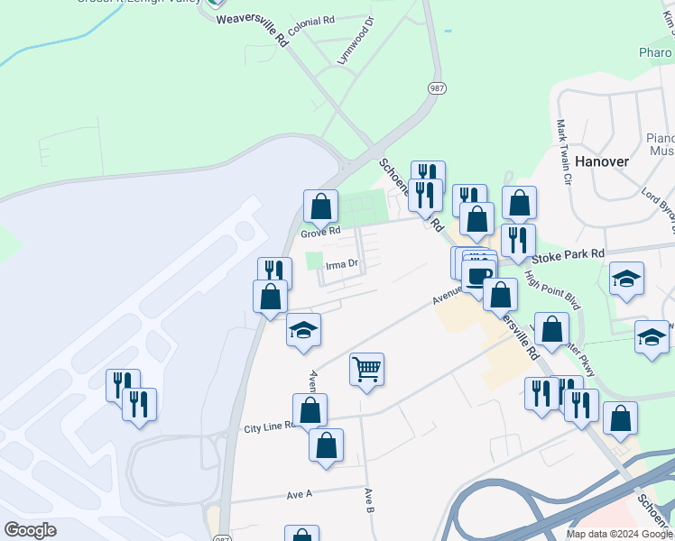 map of restaurants, bars, coffee shops, grocery stores, and more near 2768 Suzanne Way in Allentown