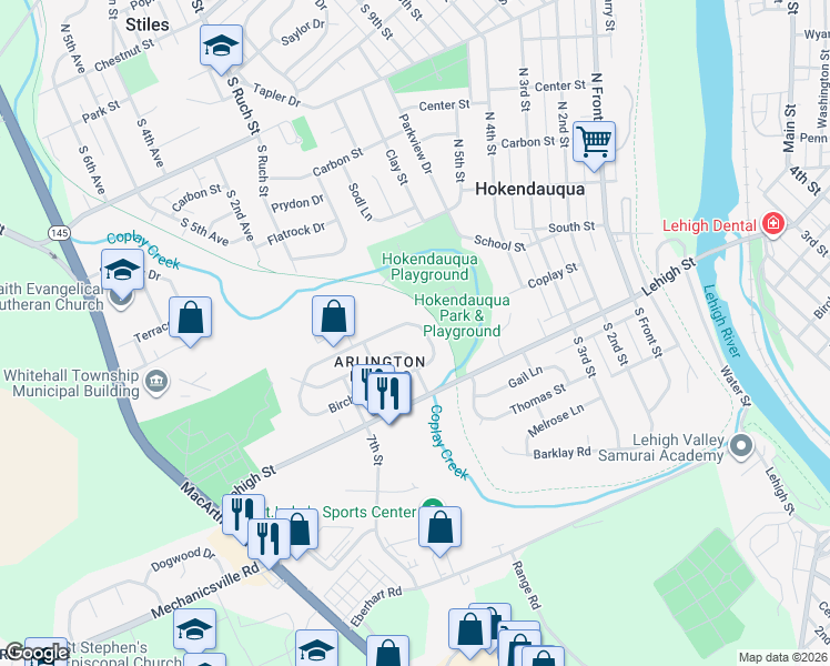 map of restaurants, bars, coffee shops, grocery stores, and more near 3150 Birch Circle East in Hokendauqua