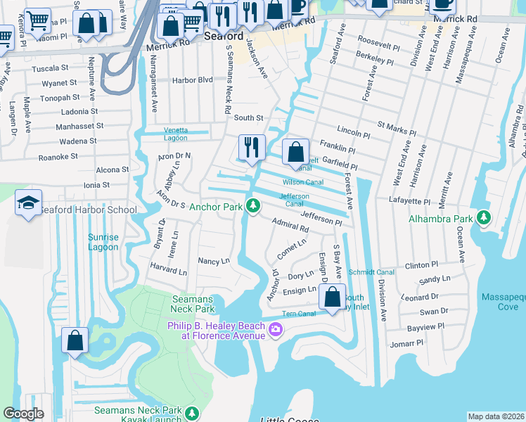 map of restaurants, bars, coffee shops, grocery stores, and more near 34 Admiral Road in Massapequa