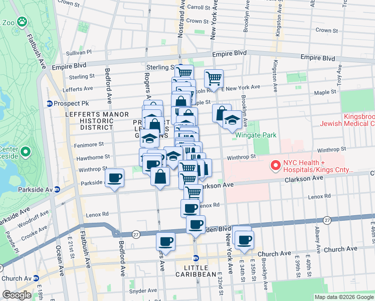 map of restaurants, bars, coffee shops, grocery stores, and more near Nostrand Ave & Hawthorne St in Brooklyn