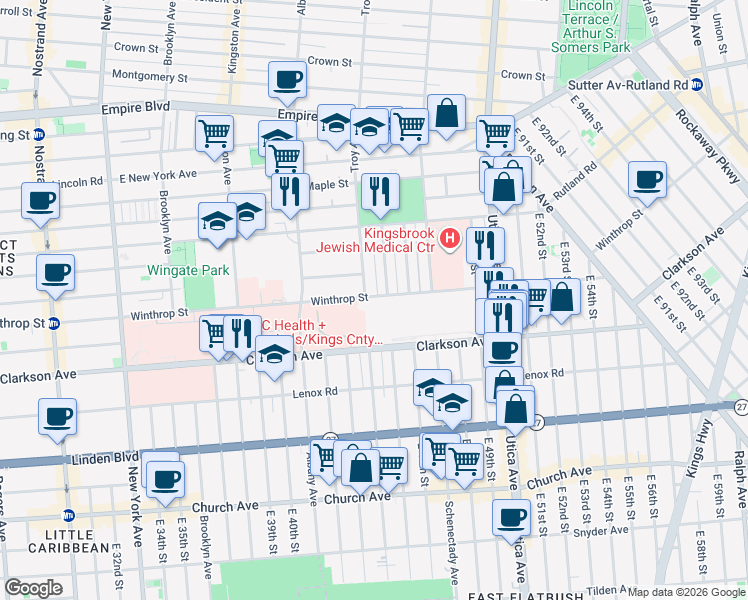 map of restaurants, bars, coffee shops, grocery stores, and more near 720 Winthrop Street in Brooklyn