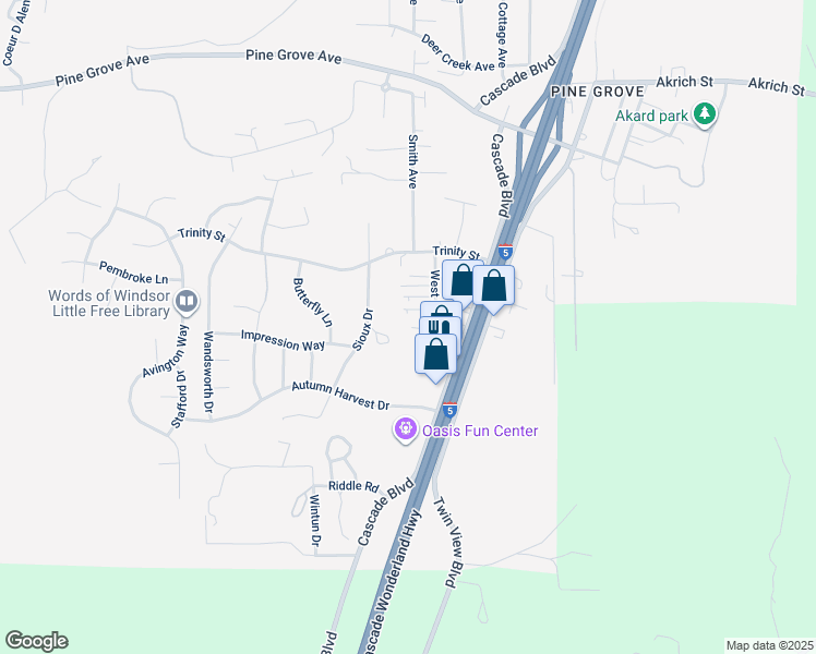 map of restaurants, bars, coffee shops, grocery stores, and more near 3164 West St in Shasta Lake