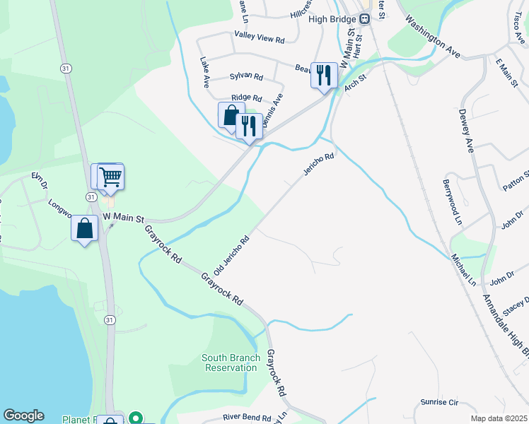 map of restaurants, bars, coffee shops, grocery stores, and more near 50 Jericho Road in High Bridge