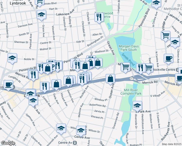 map of restaurants, bars, coffee shops, grocery stores, and more near 28 Hutcheson Place in Lynbrook
