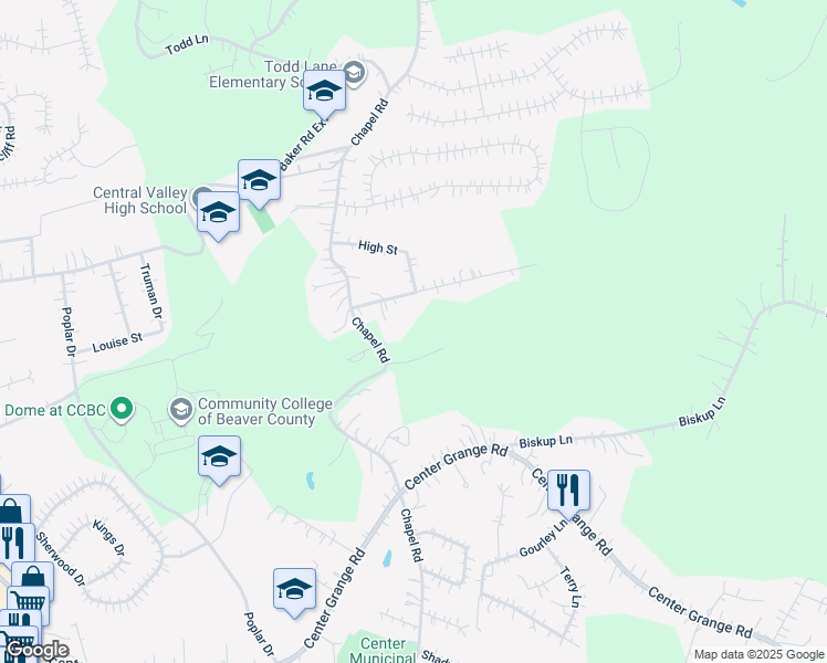 map of restaurants, bars, coffee shops, grocery stores, and more near 988 Chapel Road in Monaca