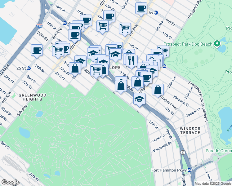 map of restaurants, bars, coffee shops, grocery stores, and more near 1923 8th Avenue in Brooklyn