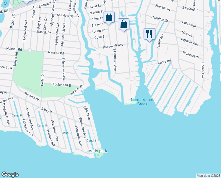 map of restaurants, bars, coffee shops, grocery stores, and more near 18 Pirates Cove in Massapequa