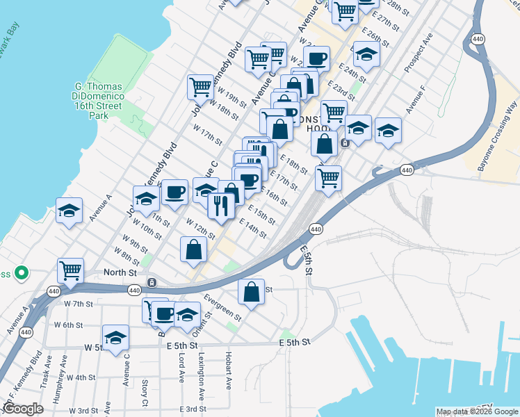 map of restaurants, bars, coffee shops, grocery stores, and more near 22 East 15th Street in Bayonne