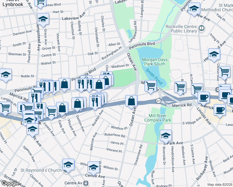 map of restaurants, bars, coffee shops, grocery stores, and more near 55 Rocklyn Avenue in Lynbrook