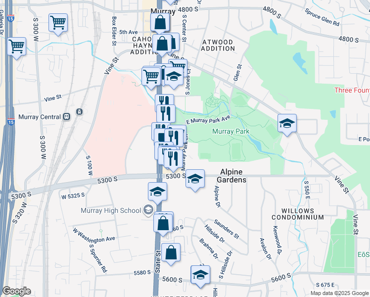 map of restaurants, bars, coffee shops, grocery stores, and more near Murray Park Lane in Murray