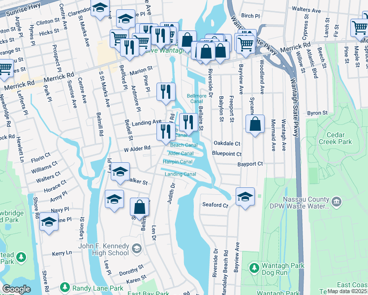 map of restaurants, bars, coffee shops, grocery stores, and more near 2829 East Alder Road in Bellmore